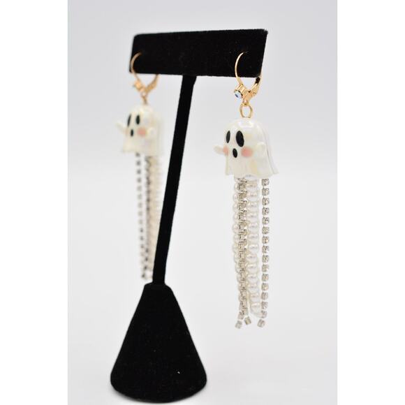 Betsey Johnson Ghost Earrings Halloween Glow In The Dark Dangle Pearl NWOT BinAO - Picture 2 of 12